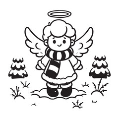 little snow angel in a snowy field vector black color white color background 