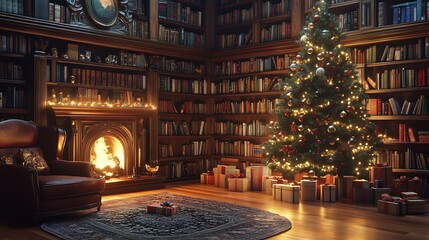 living room decorated with new year tree and bookshelf