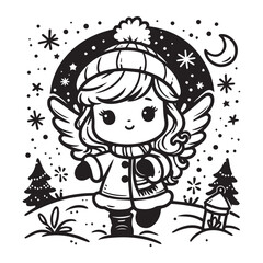 little snow angel in a snowy field vector black color white color background 