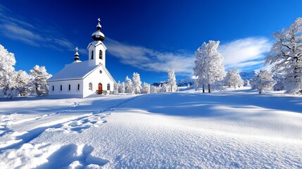 A small white church in the middle of a snowy field