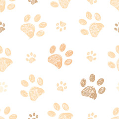 Beige orange brown paw prints seamless fabric design pattern © HELIORA
