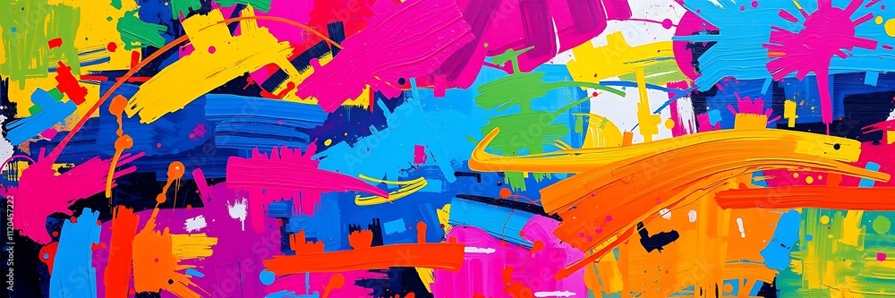 Poster abstract colorful paint splashes: overlapping paint splashes in an array of bright colors, evoking a