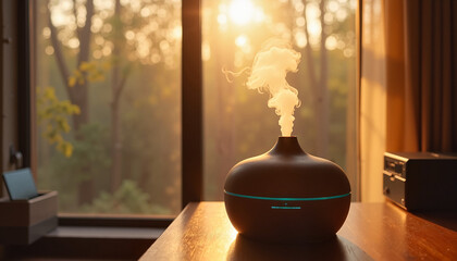 Aromatherapy diffuser releasing steam on a wooden table with sunlight streaming in through the window
