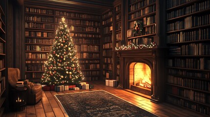 living room decorated with new year tree and bookshelf