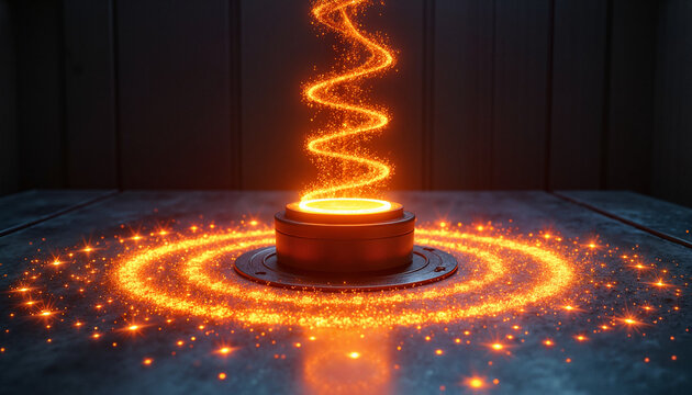 Abstract glowing spiral of orange particles emanating from a circular base on a dark background