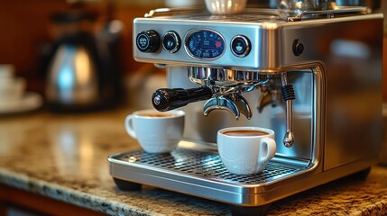 Espresso machine brewing two cups of coffee.