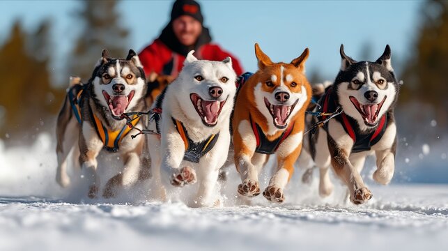 A group of husky dogs running in the snow with their mouths open