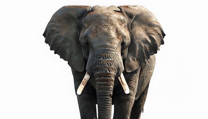 Fototapeta premium Elephant with Large Tusks and Textured Skin on White Background