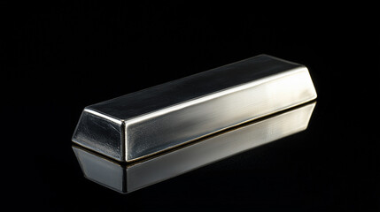  A sleek, polished bar of silver placed against a black background, highlighting its reflective surface and sharp edges.