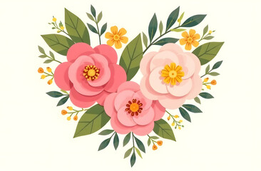 Flower arrangement in heart shape with pink and yellow blooms on a light background