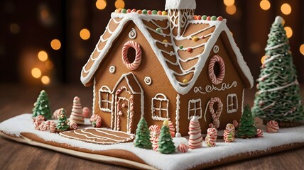 "A gingerbread house with detailed decorations and sprinkles of snow."

