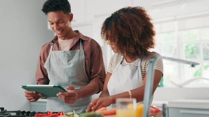 Couple, tablet and cutting vegetables in home, vegan nutrition and online tutorial for meal prep. People, talking and kitchen for cooking food together, recipe blog and ingredients for gourmet dish