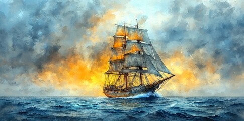 Fototapeta premium An old-fashioned sailing ship sails through tranquil seas, capturing the thrill of exploration and adventure.
