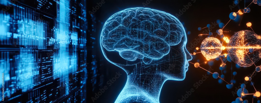 Poster futuristic ai brain with technology network and quantum elements concept