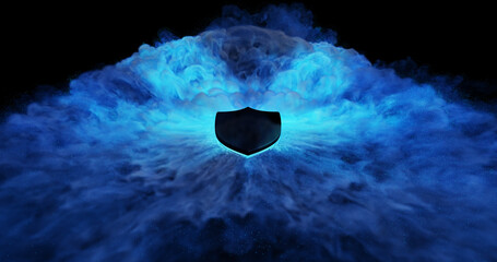 A black shield, enveloped by a swirling blue mist, symbolizes a secure future. The image represents stability, growth, and the ability to navigate challenges in the business landscape.