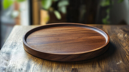 Obraz premium Empty wooden plate on wood table. Soft blurry background, of free space for your copy and branding. Use as products display montage. Vintage style concept.