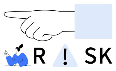 Index finger pointing left, illustrated person gesturing below text RSK with exclamation mark inside a triangle. Ideal for safety, awareness, warning, caution, risk management, alert and danger