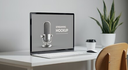 A blank streaming microphone box mock-up, sitting in a content creator’s desk setup 3d illustration brand mock-up template.