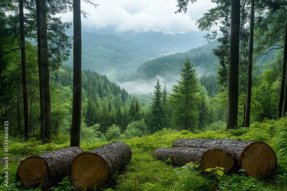 Poster fog rolling through a lush green forest with cut tree trunks lying on the grass creates a serene and