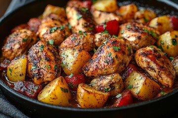 A close-up shot of roasted chicken legs, onions, and potatoes in a cast iron skillet.