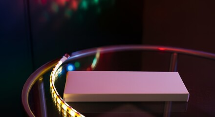 A blank LED light strip packaging box, displayed with colorful ambient lighting 3d illustration brand mock-up template.