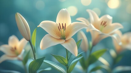Fototapeta premium Close-up of three elegant, creamy white lilies with a blurred teal background.