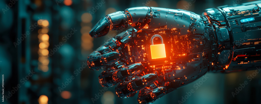 Poster artificial intelligence robot hand holding padlock for cybersecurity and data protection