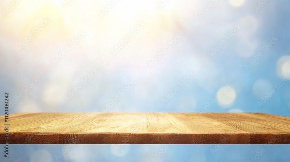 Poster empty wooden table with soft light and golden bokeh background