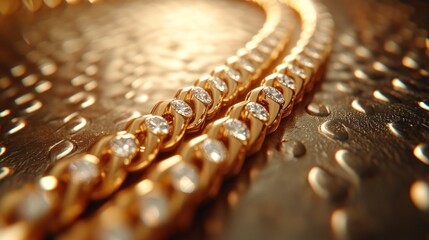 Close-up of two gold chains with diamonds on a textured gold surface.