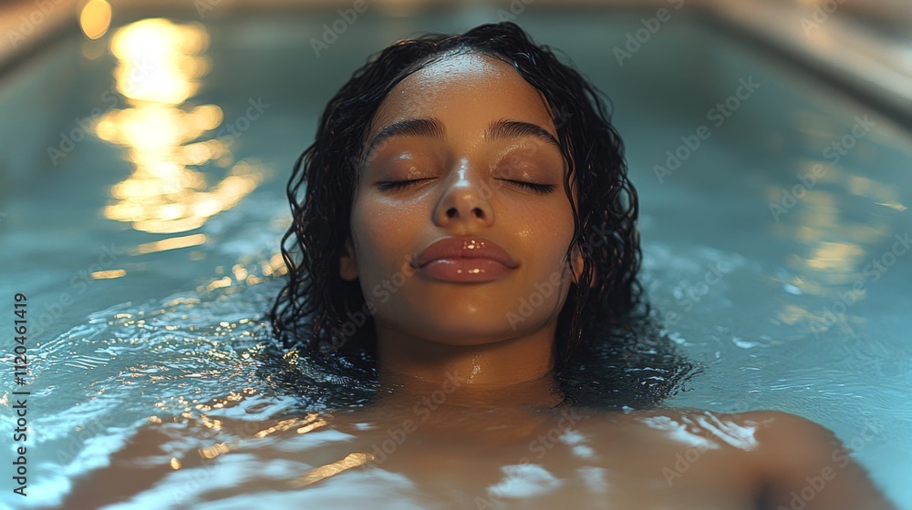 Aufkleber A person enjoys a peaceful moment while floating in warm water, surrounded by soft lighting in a serene atmosphere during the evening. The calm setting invites relaxation and rejuvenation.