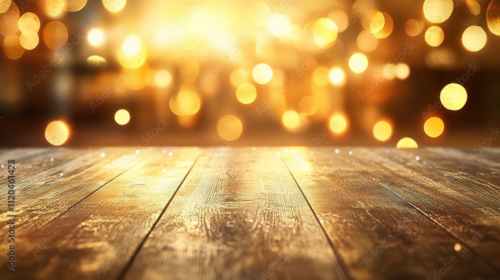 Poster warm bokeh effect with wooden table and bar counter in focus