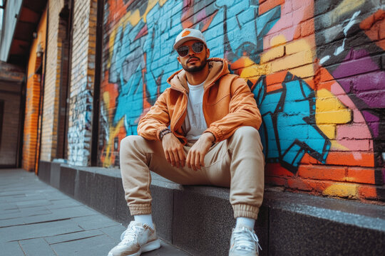 Urban fashion model sitting by a brick wall with colorful graffiti art