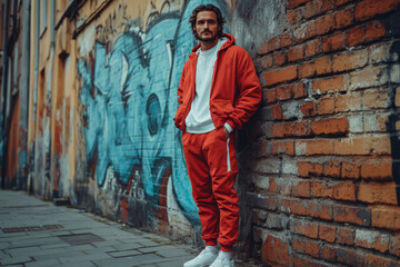 Stylish man in red tracksuit posing against a graffiti wall in urban environment