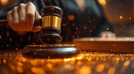 Close-Up of Woman Judge's Hand Holding Gavel with Law Book on Wooden Desk. International Day of Women Judges Celebration in Warm Beige and Brown Tones for Legal and Professional Use.