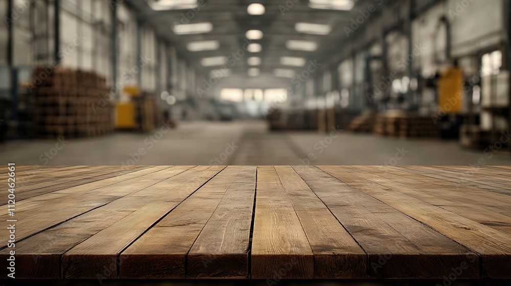 Poster empty wooden table in blurred store background with factory setting