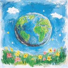 Fototapeta premium A vibrant, artistic depiction of Earth surrounded by colorful flowers against a bright blue sky, Ideal for environmental campaigns, educational materials, or uplifting social media posts,