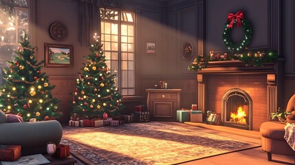 living room decorated with a New Year tree