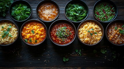 An eclectic mix of global culinary treasures, with zesty Thai street food, savory Italian pasta, and exotic tastes, demonstrating the world's gastronomic variety.