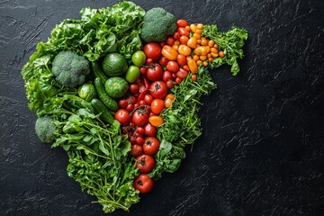 The worldwide influence and importance of fresh vegetables and fruits in today's world, depicted through a world map made of vegetables and fruits, symbolizing food sustainability, in celebration of