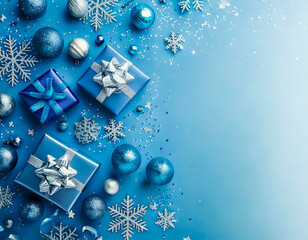 border of blue Christmas baubles on blue background, snowflakes, presents with silver bows