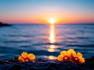 Two yellow flowers sitting on a rock by the ocean at sunset