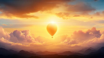A stunning sunset scene featuring a hot air balloon soaring above majestic mountains and vibrant clouds, ideal for travel brochures, inspirational content, or artistic displays,