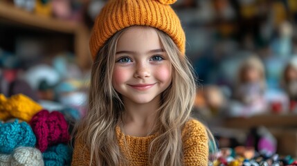 Fototapeta premium A young girl with long hair and a warm smile poses in a craft store. She wears an orange hat and sweater, surrounded by vibrant yarn and soft toys, creating a cheerful atmosphere.