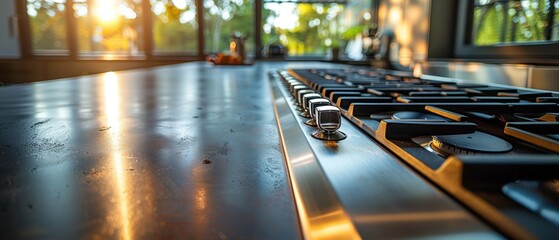 Modern kitchen interior with stainless steel appliances, gas stove, and electric oven