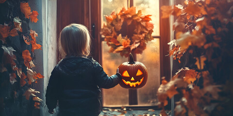 Naklejka premium Young Boy with Carved Pumpkin by Window Decorated with Autumn Leaves