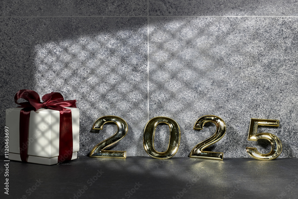 Wall mural golden numbers 2025 two thousand twenty five new year with gift box near marble wall, window shadow