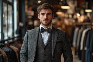 Fototapeta premium Portrait of a confident shop assistant wearing a suit and bow tie, standing in a clothing store