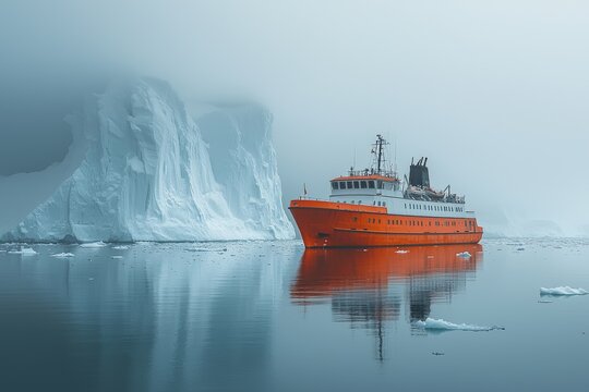 In Neco Bay, Antarctica, a touristic cruise ship sails among icebergs with a glacier behind.