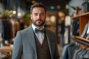Fototapeta premium Portrait of a confident shop assistant wearing an elegant suit with bow tie, standing in a menswear store
