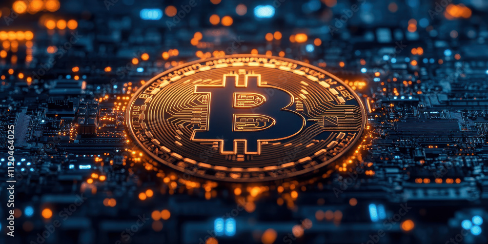 Aufkleber digital cryptocurrency bitcoin on circuit board illustrating secure transactions in fintech